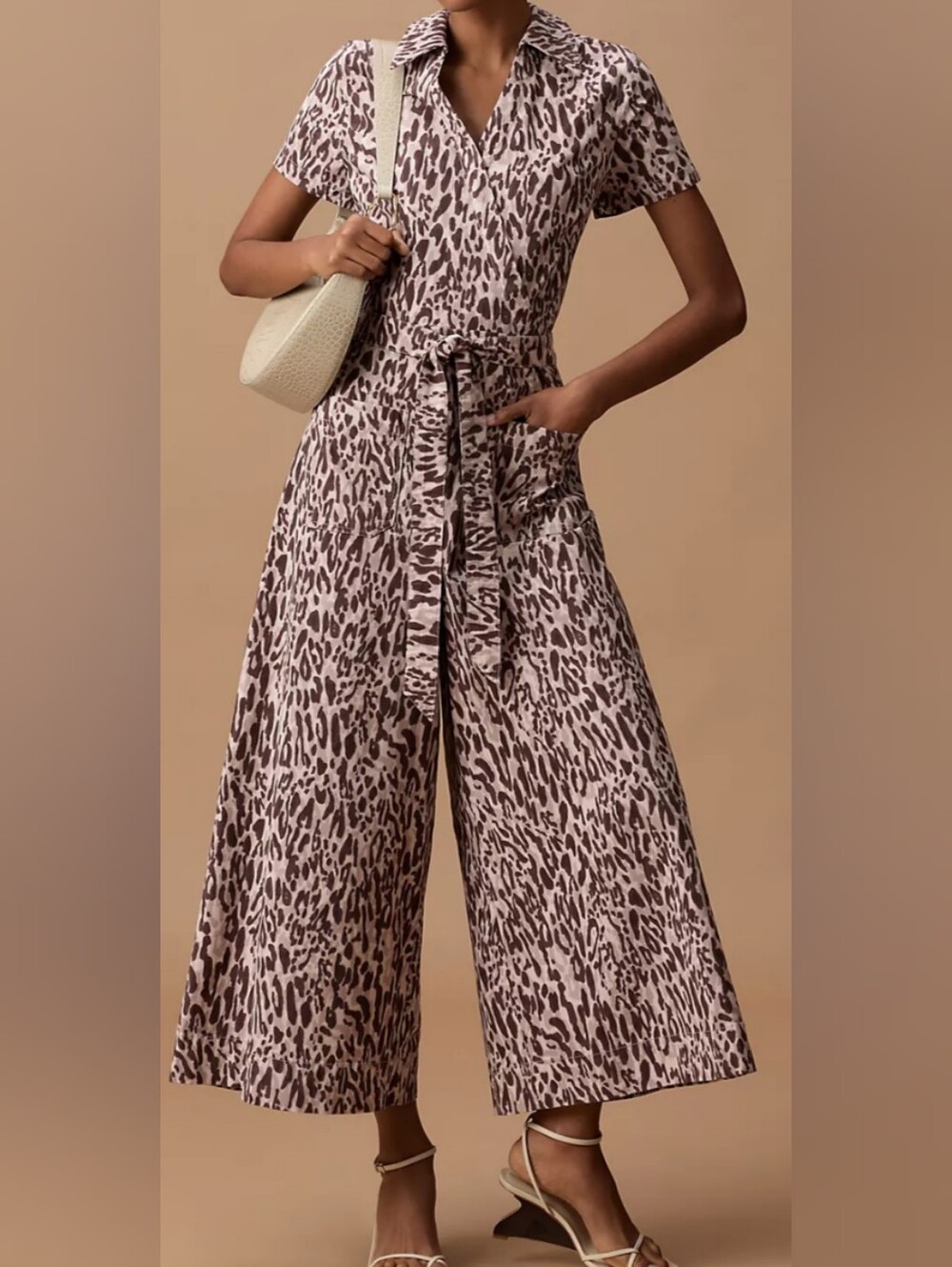 Maeve Taupe and Chocolate Animal-Print Wide-Leg Jumpsuit
